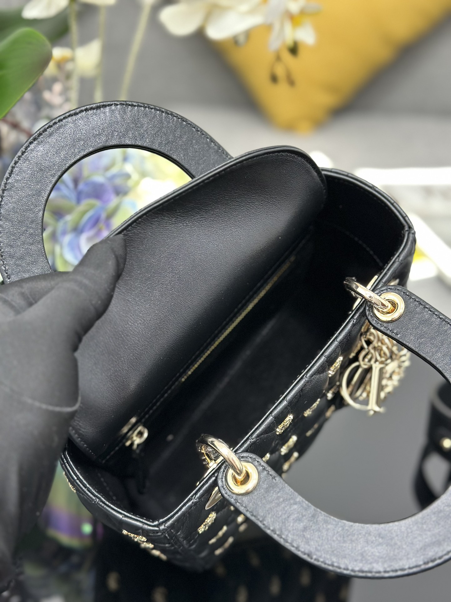 Small Lady Dior Bag Black Lambskin with Sun Nail